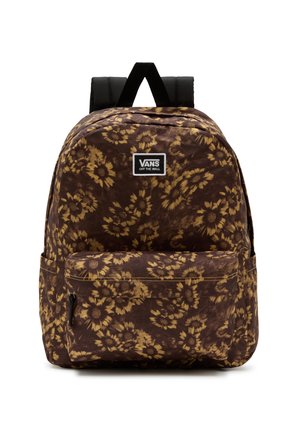 Sac à dos marron avec motif de tournesol jaune, poche avant zippée, bretelles rembourrées noires et patch logo Vans "Off The Wall" sur le devant.