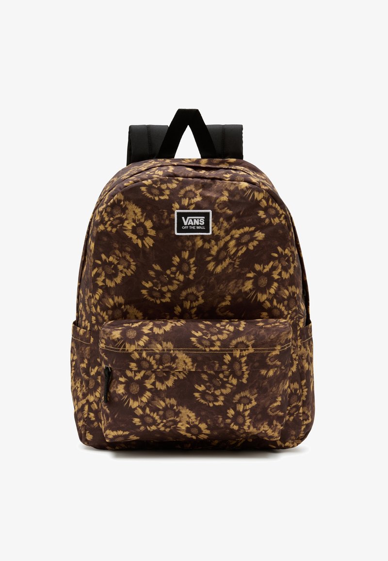 Sac à dos marron avec motif de tournesol jaune, poche avant zippée, bretelles rembourrées noires et patch logo Vans "Off The Wall" sur le devant.