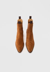Bottines en suède marron, avec des embouts pointus, des panneaux latéraux élastiques et des languettes à l'arrière. Doublure intérieure lisse avec une semelle plate.