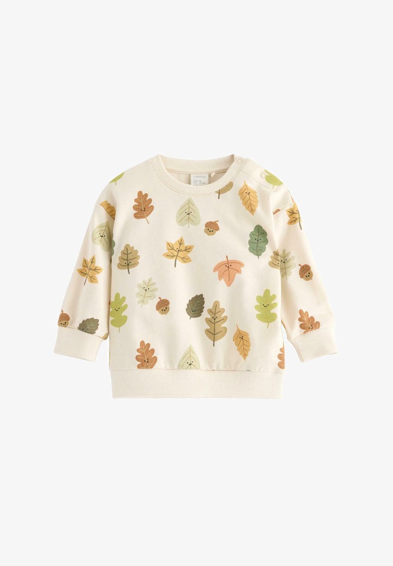 Cremefarvet sweatshirt med et bladmønster i grønne, brune og orange nuancer. Ribbede manchetter og halsudskæring med trykknaplukning på den ene skulder.