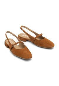 Brown suede slingback shoes with a pointed toe, flat heel, and a narrow strap across the instep featuring a small adjustable buckle.