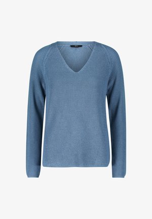 Maglione azzurro chiaro a maglia con scollatura a V, maniche lunghe, texture a coste e sottili dettagli di cucitura diagonale.