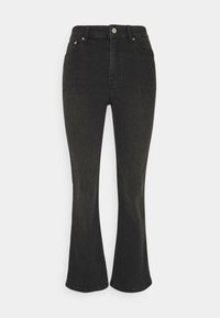 Jeans neri a vita alta a gamba svasata in denim, con chiusura con bottone frontale, cinque tasche e una superficie liscia.