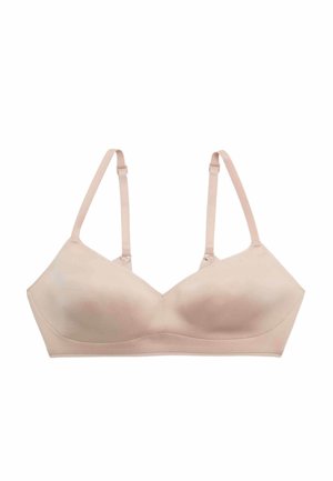 Sømløs beige bh i nøgenfarve med justerbare tynde stropper og formstøbte skåle, designet for komfort og minimal synlighed under tøjet.