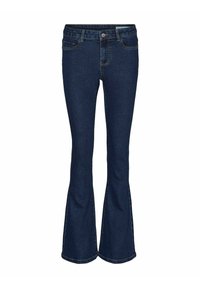 Granatowe dżinsy o średniej wysokości w pasie, dopasowane w udach, z szerokimi nogawkami od kolan, z przodu i z tyłu kieszeniami oraz z zapięciem na guzik.