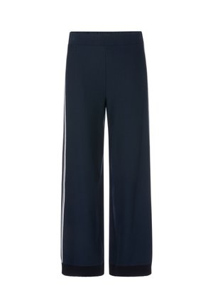 Navy wide-leg pants made of smooth fabric, featuring a stretchy waistband and contrasting white side stripes for a sporty look.