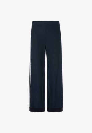 Navy wide-leg pants made of smooth fabric, featuring a stretchy waistband and contrasting white side stripes for a sporty look.