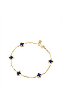 Goldene Kettenarmband mit fünf marineblauen, blumenförmigen Charms mit glänzender Oberfläche, ergänzt durch einen Karabinerverschluss.