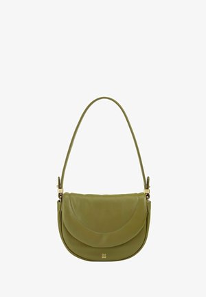 Olivgrüne Leder-Schultertasche mit geschwungenem Design, goldenen Hardware-Details und einem einzelnen Tragegurt für das Tragen über der Schulter oder quer über den Körper.