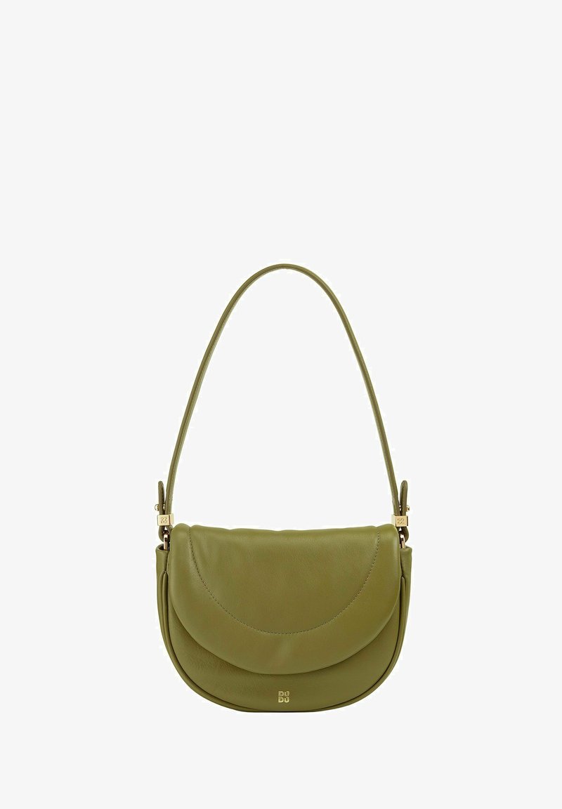 Olivgrüne Leder-Schultertasche mit geschwungenem Design, goldenen Hardware-Details und einem einzelnen Tragegurt für das Tragen über der Schulter oder quer über den Körper.