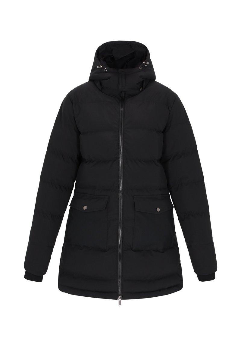 Giacca a vento nera con chiusura a zip, cappuccio regolabile e due tasche frontali. Presenta un design trapuntato e polsini elasticizzati.