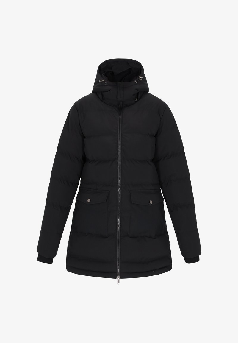 Giacca a vento nera con chiusura a zip, cappuccio regolabile e due tasche frontali. Presenta un design trapuntato e polsini elasticizzati.