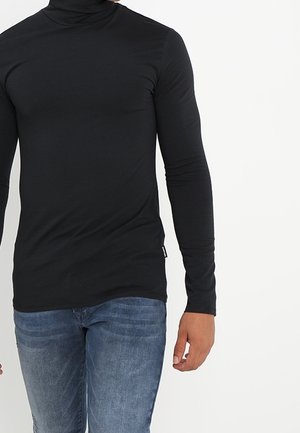 Schwarzes Langarmshirt mit Rollkragen aus glattem Baumwollstoff, taillierter Schnitt, mit hohem Kragen und ohne sichtbare Verzierungen.