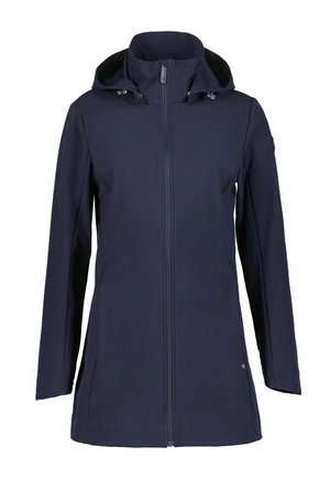 Marineblaue wasserdichte Jacke mit durchgehendem Reißverschluss, verstellbarer Kapuze, langen Ärmeln mit feinen Nähten und leicht geschwungenem Saum.