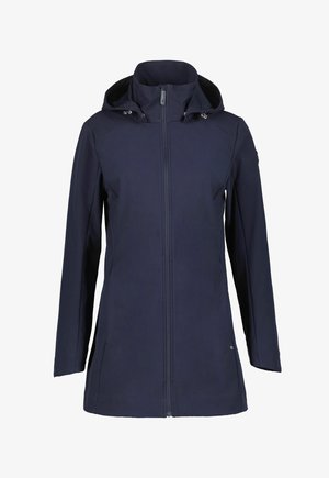 Marineblaue wasserdichte Jacke mit durchgehendem Reißverschluss, verstellbarer Kapuze, langen Ärmeln mit feinen Nähten und leicht geschwungenem Saum.