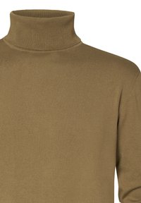 Olivově zelený rolák z hladkého, žebrovaného úpletu. Vyznačuje se vysokým límcem a přiléhavým střihem.