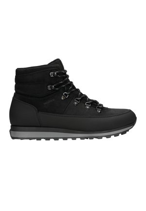 Schwarze Wanderschuhe mit einem Obermaterial aus Wildleder und Synthetik, Schnürdesign, metallischen Ösen, gepolstertem Schaft und strukturiertem Gummiprofil.