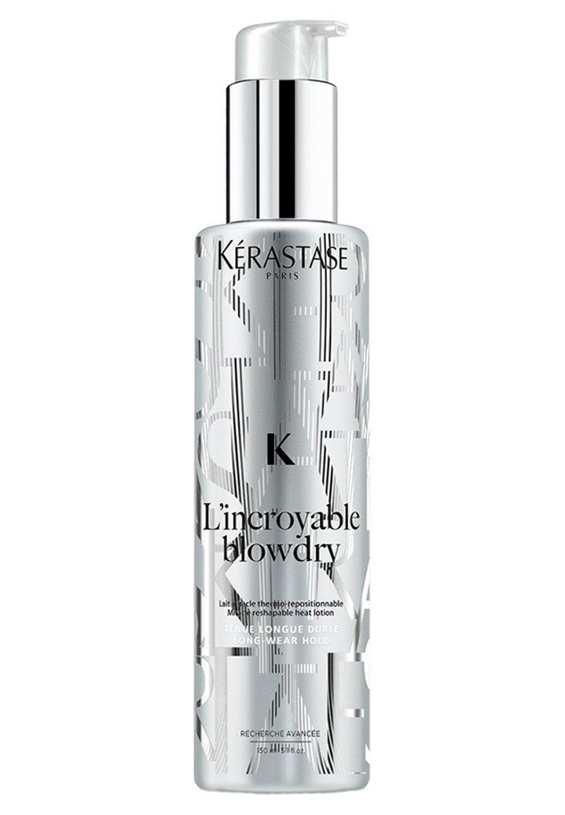 Kérastase L'Incroyable Blowdry, 150 ml, in een zilveren fles met een glanzende afwerking en zwarte geometrische tekst, beschikt over een pompdispenser.
