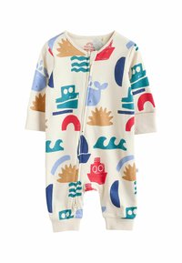 Une grenouillère pour bébé de couleur crème ornée de motifs colorés de bateaux, de baleines, de vagues et de formes abstraites. Le matériau est doux, avec des manches longues et une fermeture éclair à l'avant.