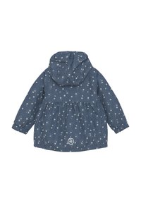 Blå mönstrad jacka med huva, med vita blommönster, elastiska ärmslut och en rynkad midja. Diskret logotyp i bottenmitten.