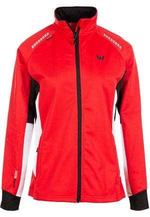 Red athletic jacket with a textured finish, black and white accents, high collar, full-length zipper, and reflective detailing on shoulders.