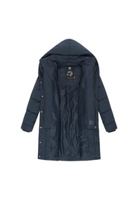 Tamsiai mėlynas pamušalu apmuštas paltas su nuimama gaubtu, spaudžiamosiomis sagomis ir dviem priekinėmis kišenėmis. Lygi vidinė pamušalas su subtiliomis rašto detalėmis.