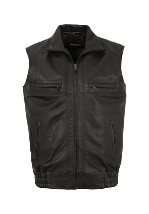 Schwarze Lederweste mit Reißverschluss, zwei Brusttaschen und Seitentaschen. Merkmale sind ein elastischer Bund und ein hoher Kragen. Weiche, glatte Textur.