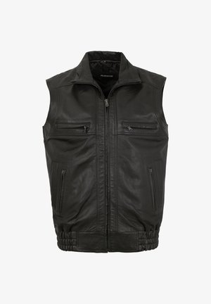 Schwarze Lederweste mit Reißverschluss, zwei Brusttaschen und Seitentaschen. Merkmale sind ein elastischer Bund und ein hoher Kragen. Weiche, glatte Textur.