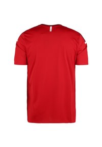 Rotes T-Shirt mit kurzen Ärmeln und Rundhalsausschnitt. Glatte Textur, ohne Muster. Verfügt über ein kleines Etikett auf der Rückseite. Einfaches Design.