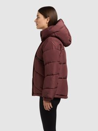 Kastanpruun sulejope suure kapuutsiga, tikitud mustriga, esikinnis lukuga ja küljetaskutega. Kangas paistab olema sile ja veekindel.