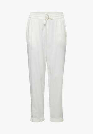 Linen hlače u svijetloj bijeloj boji s elastičnim pojasom i vezicom. Imaju dva bočna džepa i prevrnute manžete na gležnju.