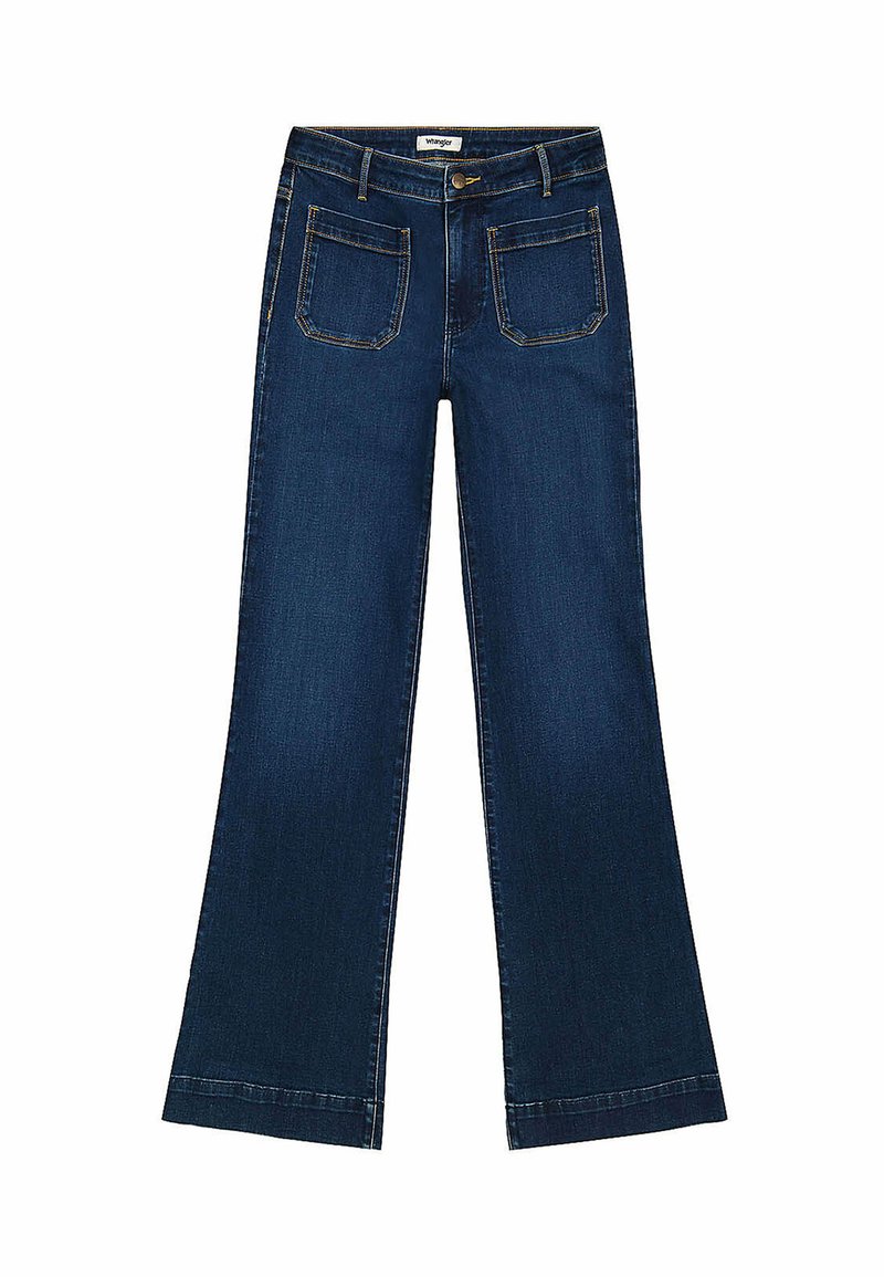 Jeans z rozszerzanymi nogawkami w ciemnoniebieskim kolorze o gładkiej fakturze, pięć kieszeni oraz kontrastowe przeszycia wzdłuż szwów. Szeroki krój nogawki.