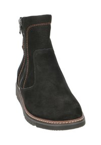 Schwarze Wildleder-Stiefelette mit kontrastierendem braunem Stich, seitlichem Reißverschluss, leicht strukturiertem Finish und Gummisohle für guten Halt.