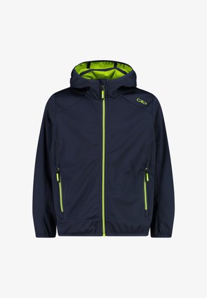 Navy blue jacket with a hood, featuring green accents and zippers. Made of lightweight material with side zip pockets.
