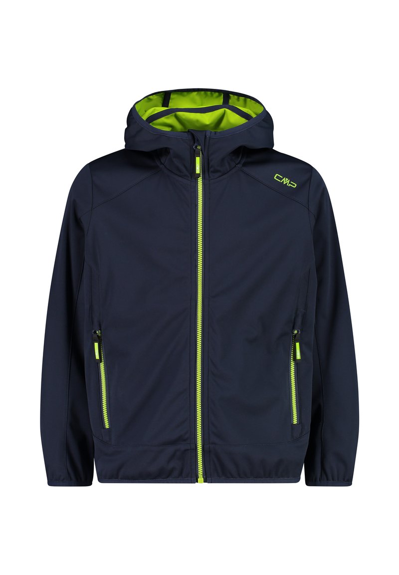 Marineblaues Jacket mit Kapuze, das grüne Akzente und Reißverschlüsse aufweist. Hergestellt aus leichtem Material mit seitlichen Reißverschlusstaschen.
