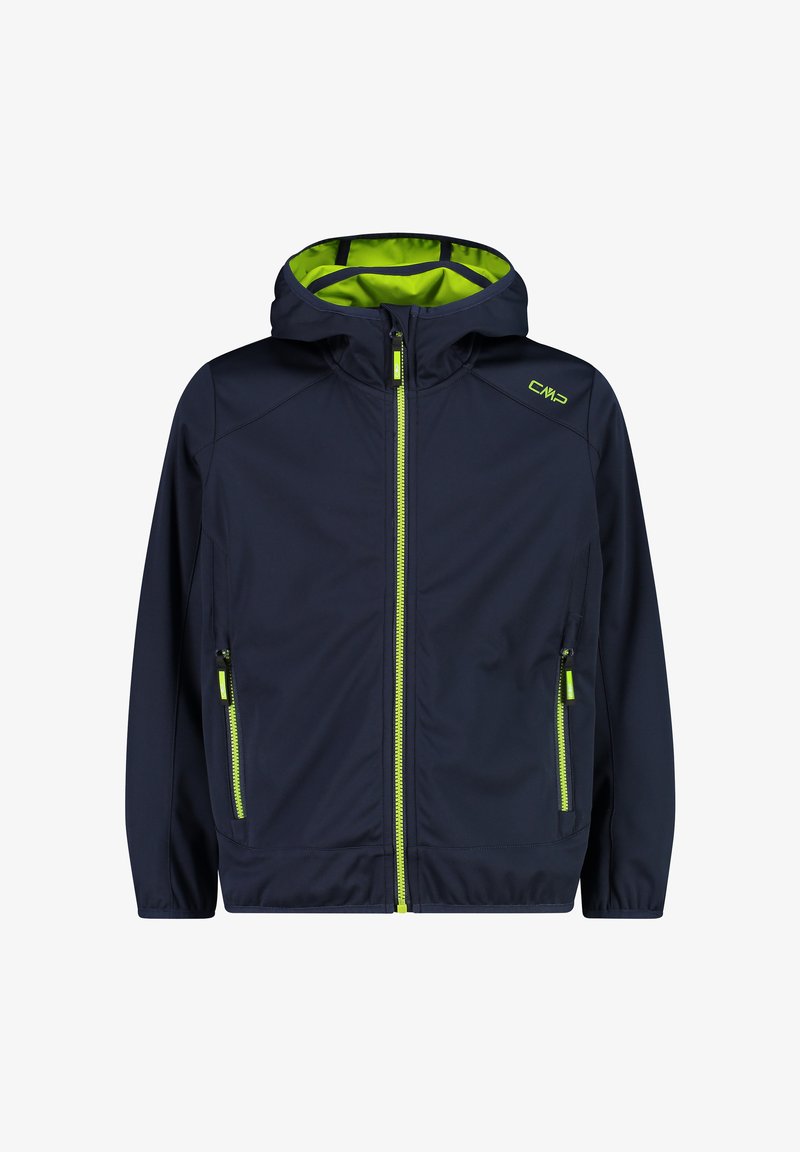 Navy blue jacket with a hood, featuring green accents and zippers. Made of lightweight material with side zip pockets.