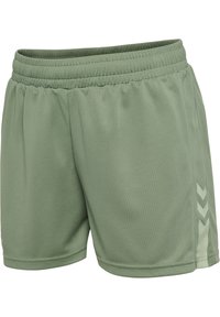 Gröna sportshorts i lätt, texturerad tyg. Har ett elastiskt midjeband och sidokickor i en ljusare nyans.