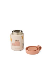 Thermos in acciaio inossidabile isolato di un morbido colore crema, decorato con disegni di animali in stile cartone animato. Include un coperchio in silicone rosa. Compatto e resistente.