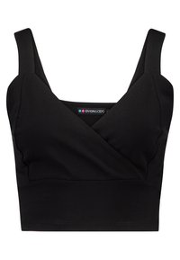 Zwarte cropped top met brede bandjes, een V-hals en geplooide details bij de buste, gemaakt van een zachte, gestructureerde stof.