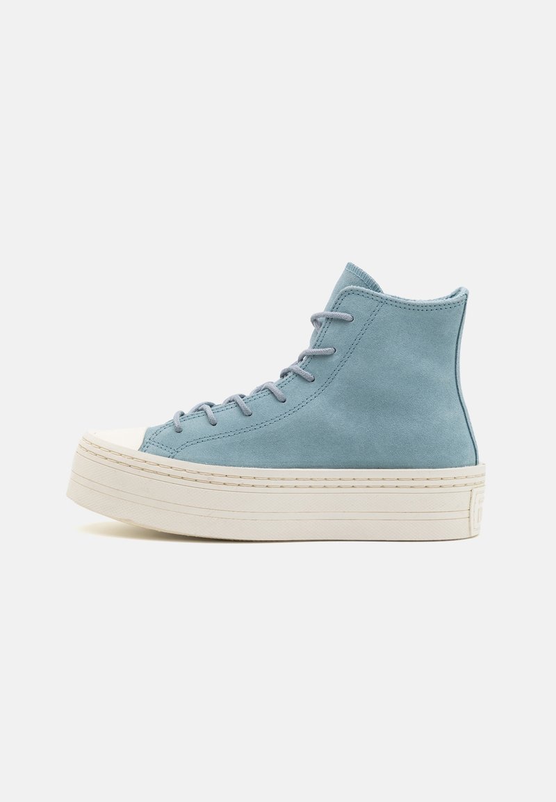 Baskets montantes bleu clair avec une épaisse semelle plateforme blanche et des lacets bleus assortis sur un fond blanc uni.