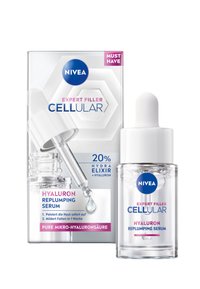 Clear glass serum bottle with a white dropper, labeled "Hyaluron Replumping Serum." Cardboard box features hexagonal design, blue and pink text.
