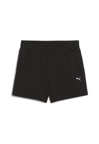 Black athletic shorts with an elastic waistband, made from soft fabric. Features a small white logo on the lower left front.