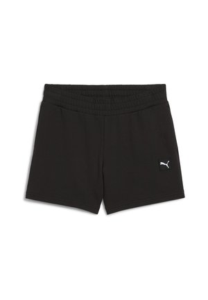 Black athletic shorts with an elastic waistband, made from soft fabric. Features a small white logo on the lower left front.