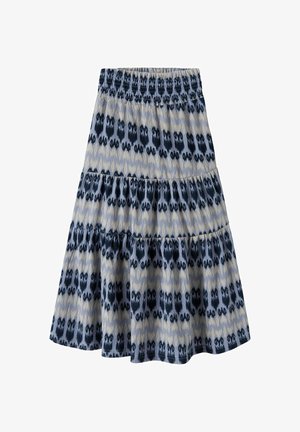 Jupe à volants avec taille froncée, présentant des rangées horizontales de motifs abstraits foncés sur un fond bleu clair et beige.