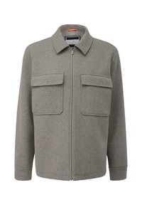 Graue Wollmischung Jacke mit Reißverschluss vorne, spitzem Kragen und zwei Brusttaschen. Hat eine subtile Textur und orangefarbene Innenakzente.