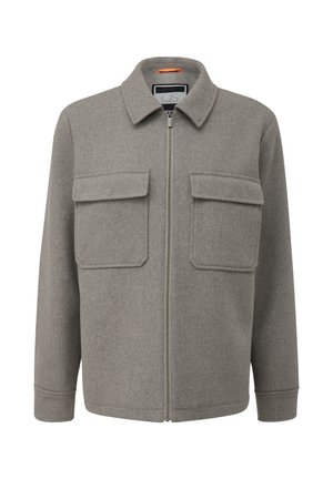 Veste en mélange de laine grise avec fermeture éclair à l'avant, col pointu et deux poches poitrine. Présente une texture subtile et un accent intérieur orange.