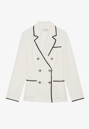 Weißes doppelt gestepptes Blazer mit schwarzem Piping, silbernen Knöpfen, Reverskragen, langen Ärmeln und zwei Innentaschen. Strukturierter Stoff.