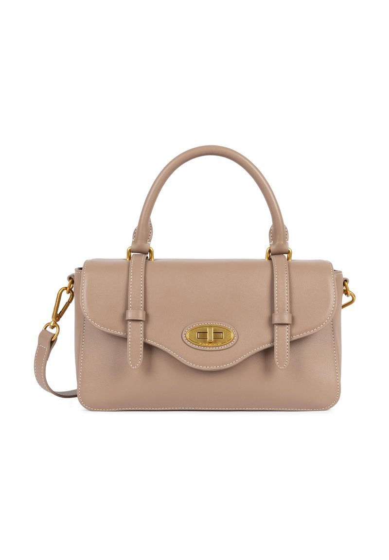 Borsa a mano in pelle beige con un design strutturato, manico superiore, tracolla staccabile e hardware in tonalità oro. Presenta un flap arrotondato e dettagli di cucitura.