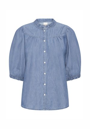 Bluza din denim albastru deschis, cu decolteu rotund, mâneci bufante și manșete elastice. Are nasturi în față și detalii adunate sub pieptar.