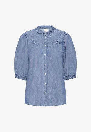 Bluza din denim albastru deschis, cu decolteu rotund, mâneci bufante și manșete elastice. Are nasturi în față și detalii adunate sub pieptar.